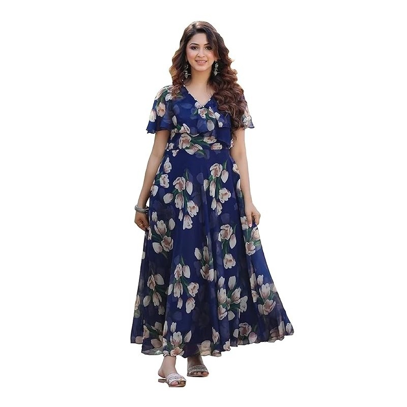 Women's Georgette Digital Floral Printed Gown Dress for Women (Gown Dress 35)