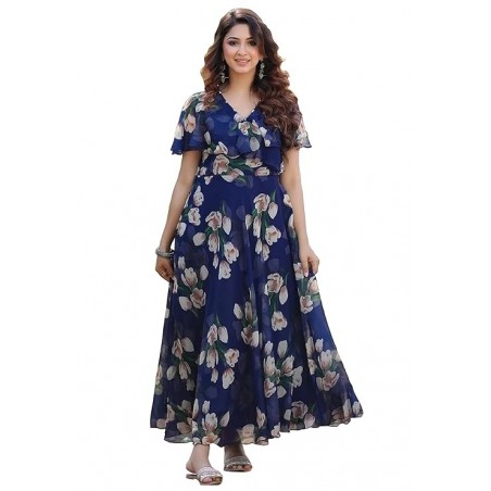 Women's Georgette Digital Floral Printed Gown Dress for Women (Gown Dress 35)