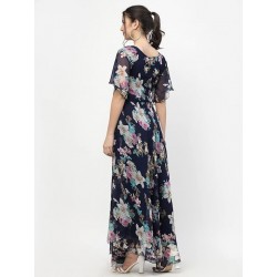 Women's Georgette Navy Blue Fit and Flare Dress | Dress for Women | One Piece Dress for Women